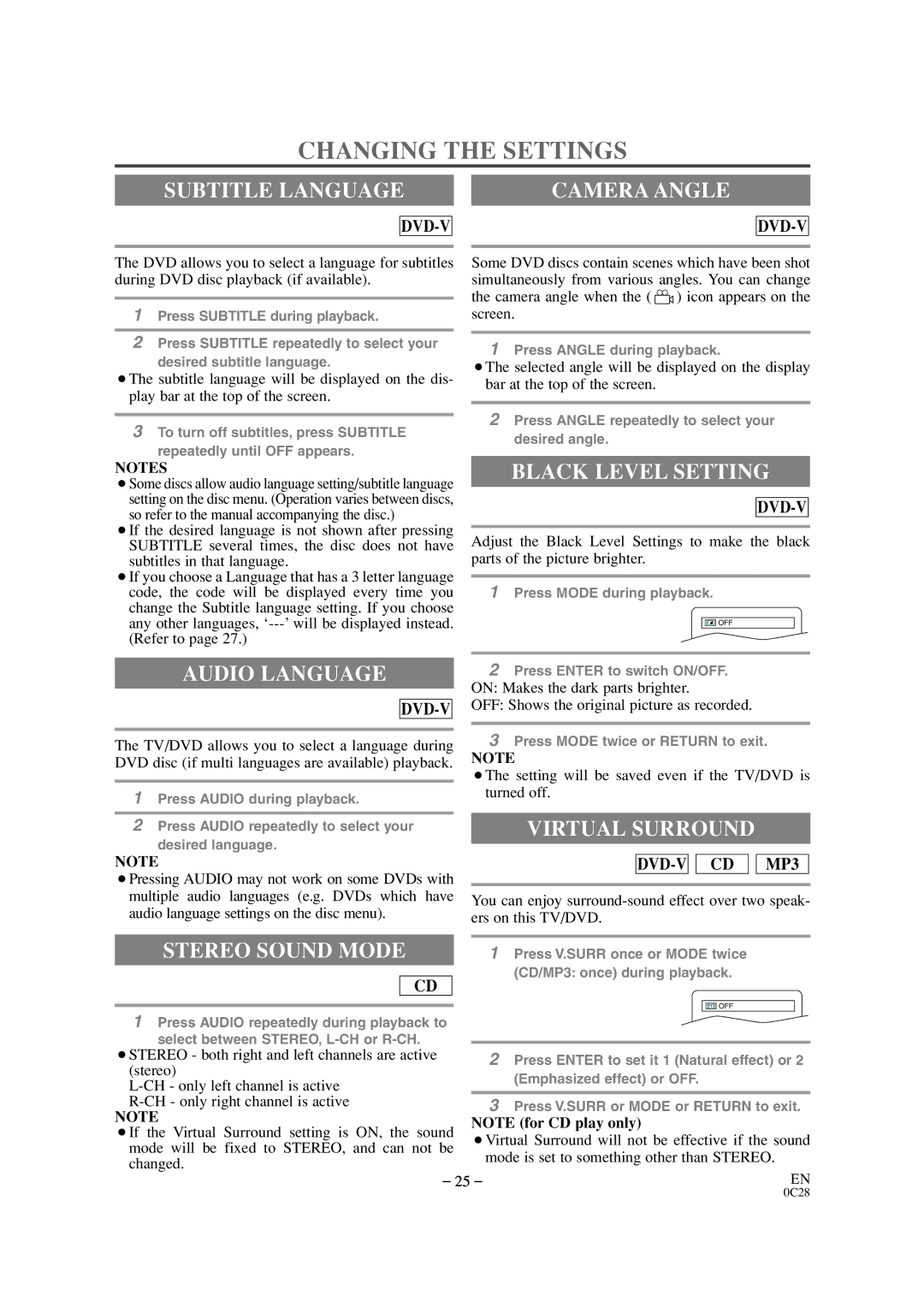 Symphonic CSC520DE owner manual Changing the Settings 