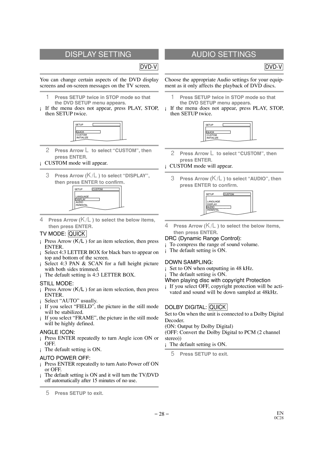 Symphonic CSC520DE owner manual Display Setting, Audio Settings, ¡Press Arrow K/L for an item selection, then press, Enter 