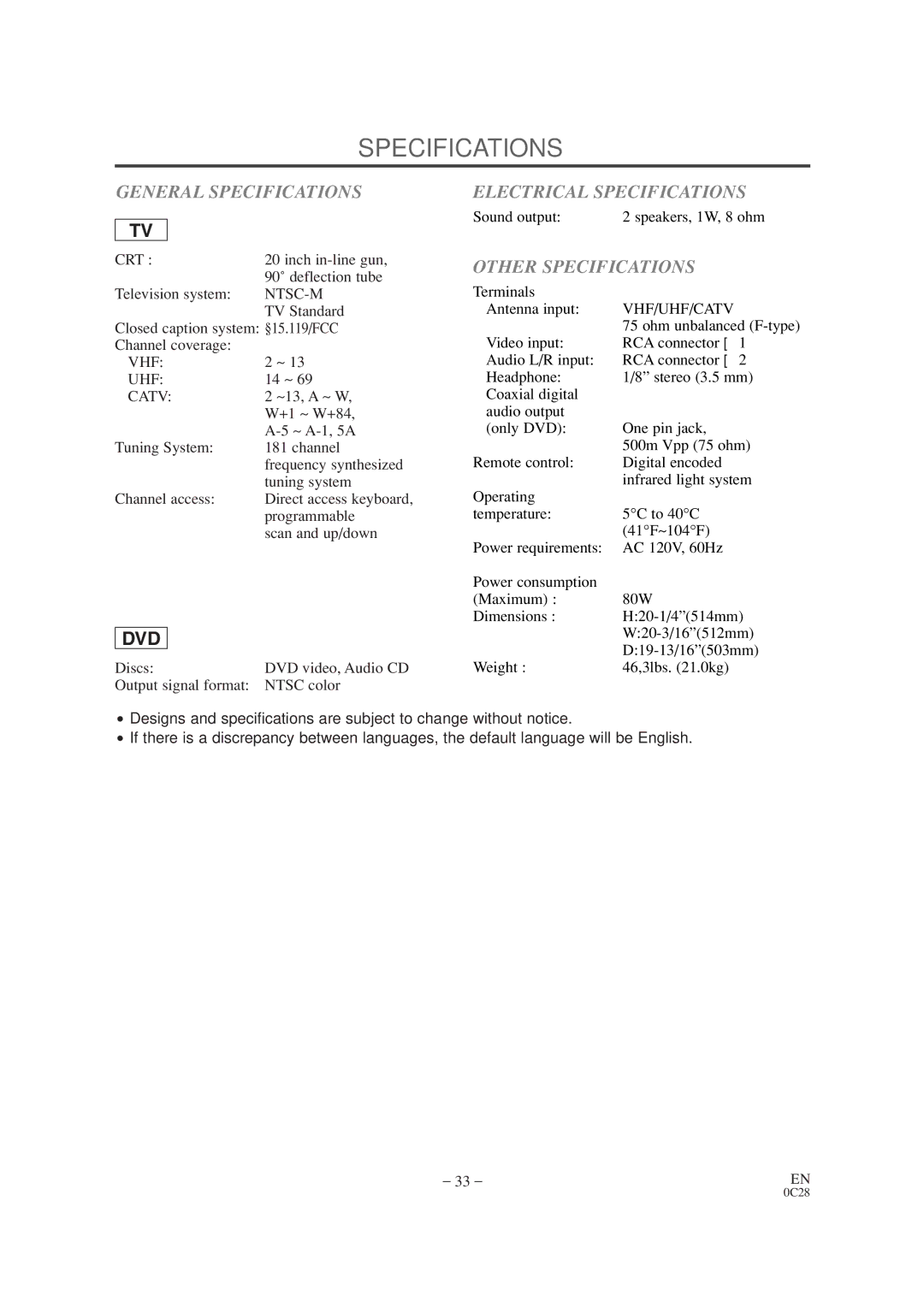 Symphonic CSC520DE owner manual General Specifications, Electrical Specifications, Other Specifications 