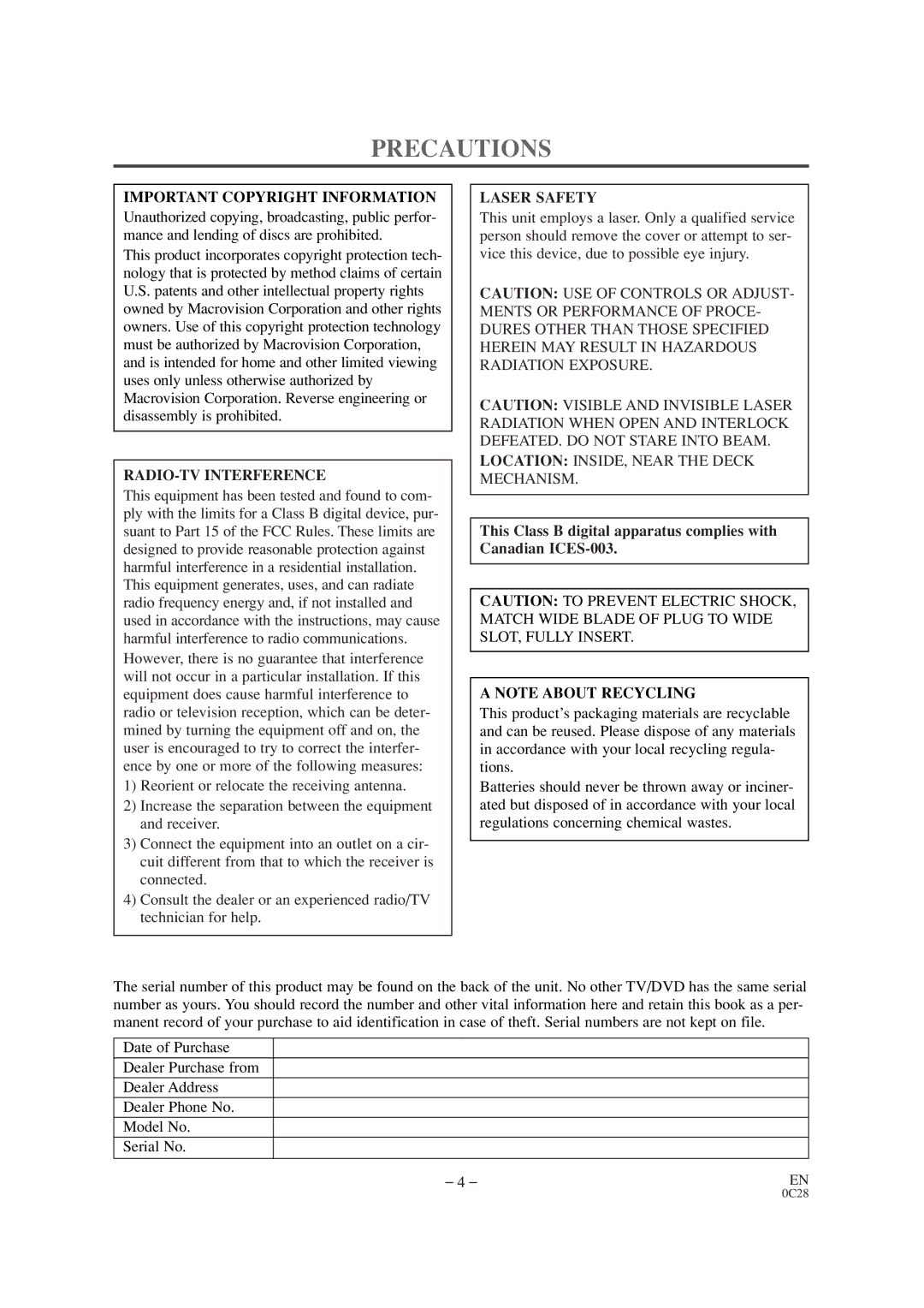 Symphonic CSC520DE owner manual Precautions, Important Copyright Information, RADIO-TV Interference, Laser Safety 