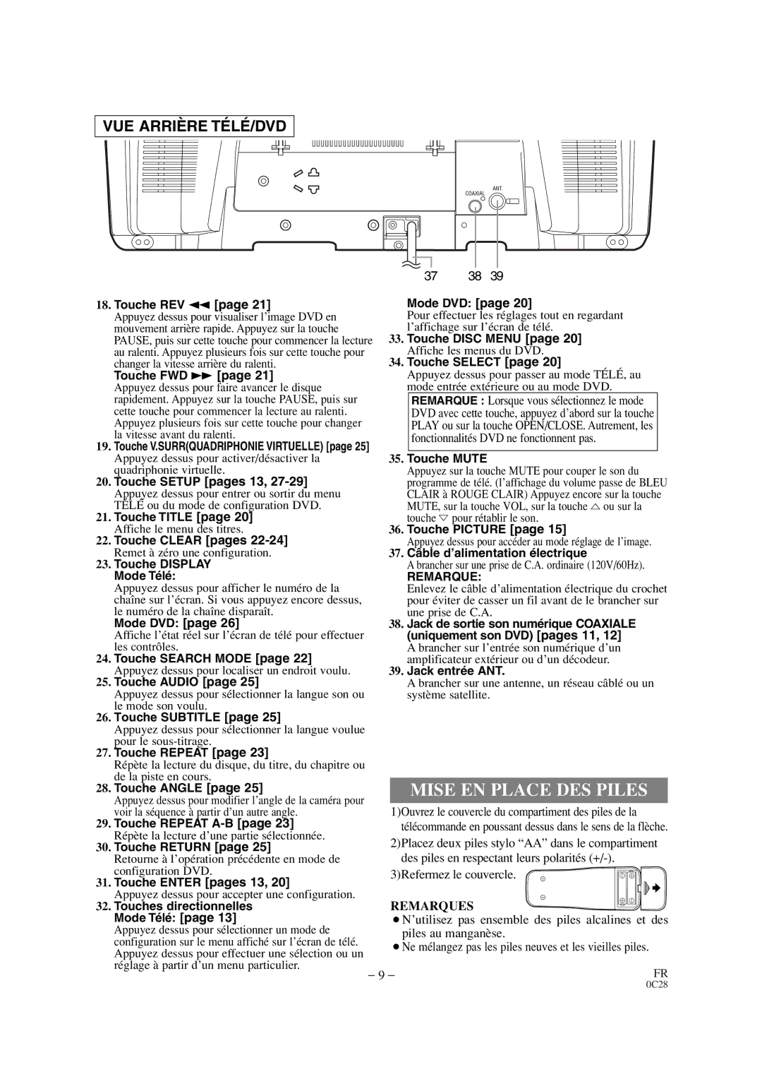 Symphonic CSC520DE owner manual Mise EN Place DES Piles, Remarques 