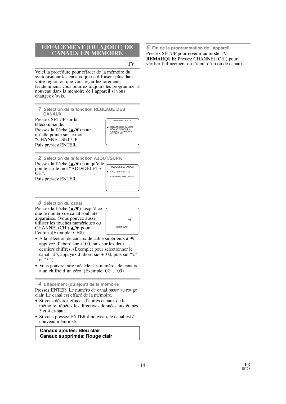 Symphonic CSC520DE owner manual Effacement OU Ajout DE Canaux EN Mémoire 