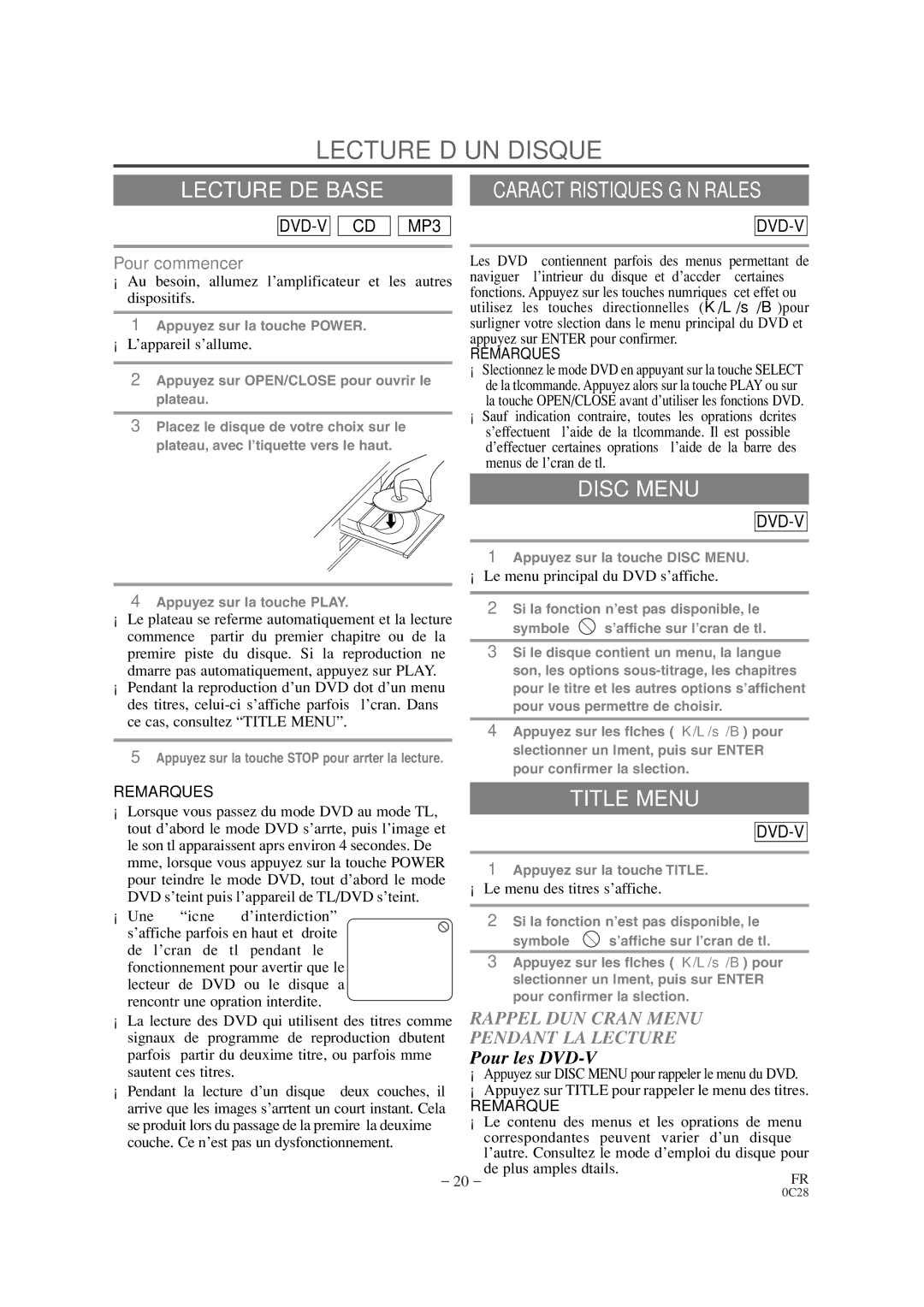 Symphonic CSC520DE owner manual Lecture D’UN Disque, Lecture DE Base, Rappel D’UN Écran Menu, Pendant LA Lecture 