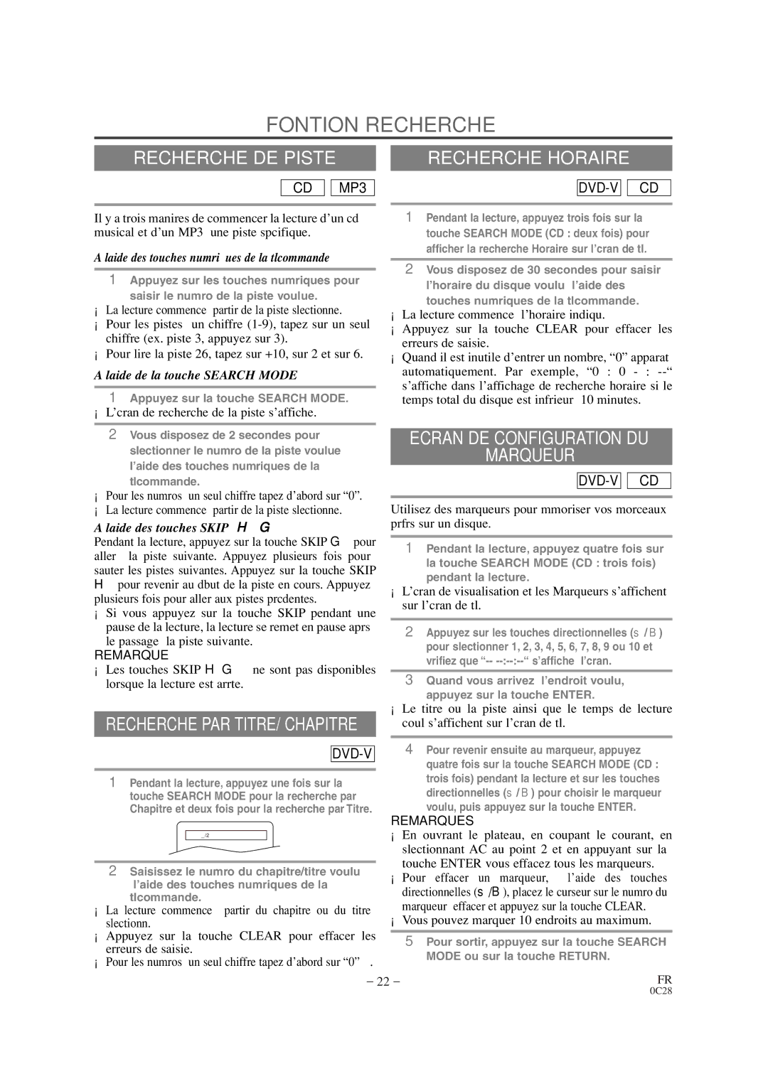 Symphonic CSC520DE owner manual Fontion Recherche, Recherche DE Piste, Ecran DE Configuration DU Marqueur 