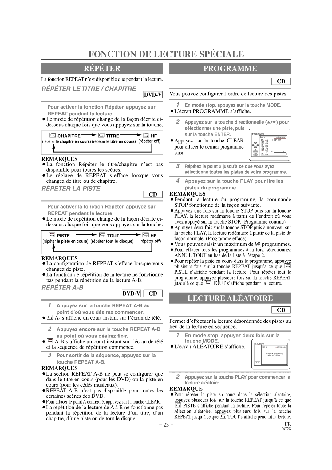 Symphonic CSC520DE owner manual Fonction DE Lecture Spéciale, Répéterprogramme, Lecture Aléatoire 