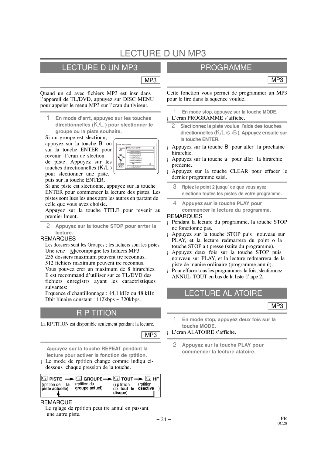 Symphonic CSC520DE owner manual Lecture D’UN MP3, Programme, La Répétition est disponible seulement pendant la lecture 