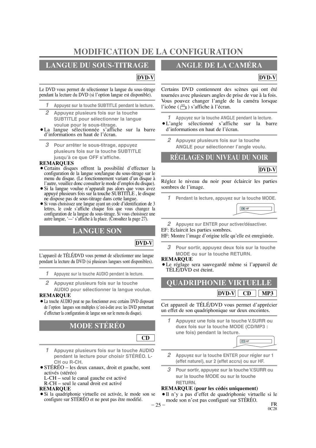 Symphonic CSC520DE owner manual Modification DE LA Configuration 