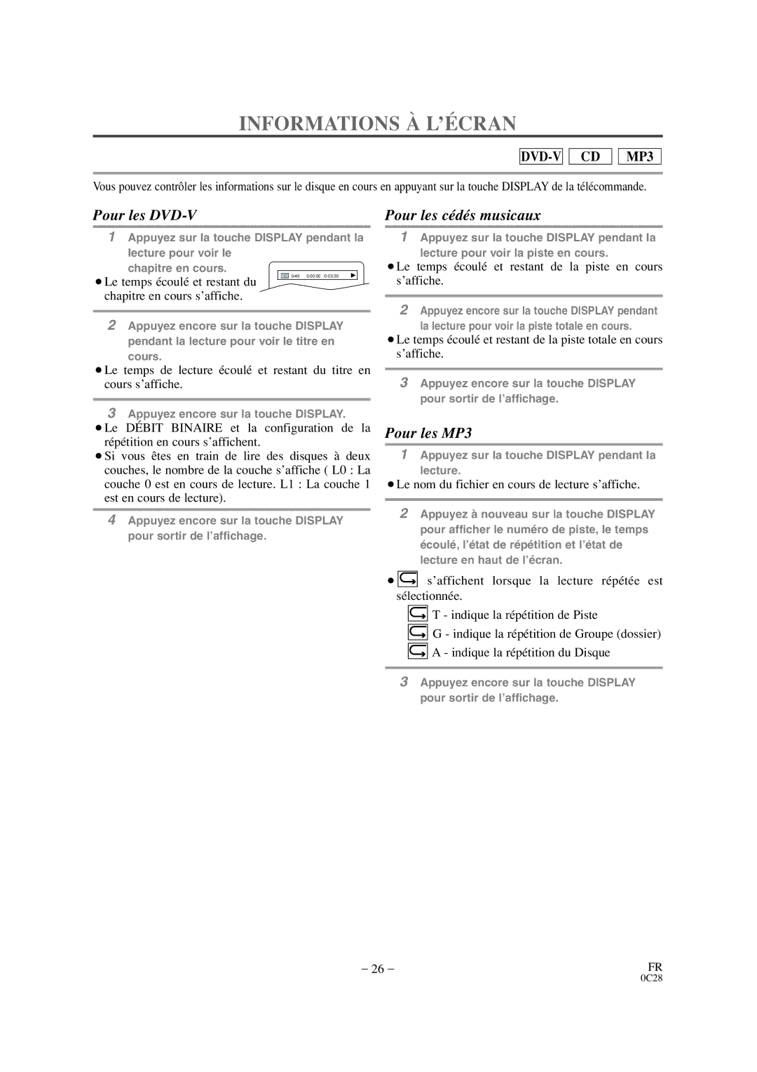 Symphonic CSC520DE owner manual Informations À L’ÉCRAN, ¡Le nom du fichier en cours de lecture s’affiche 