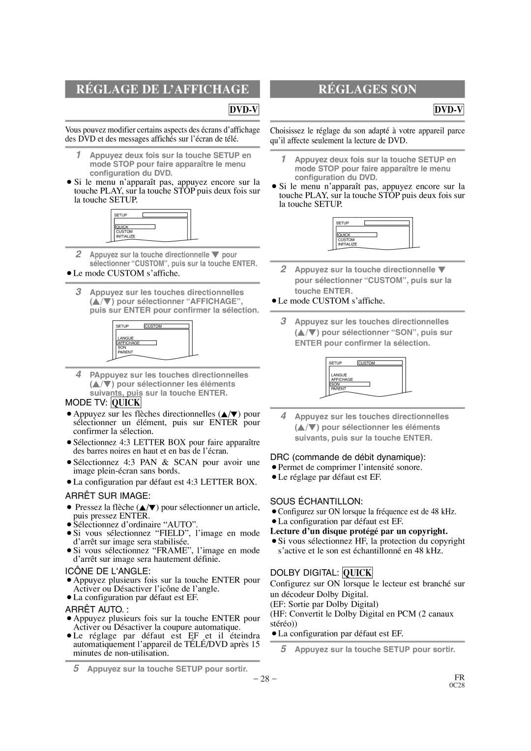 Symphonic CSC520DE owner manual Réglage DE L’AFFICHAGE, Réglages SON, Lecture d’un disque protégé par un copyright 