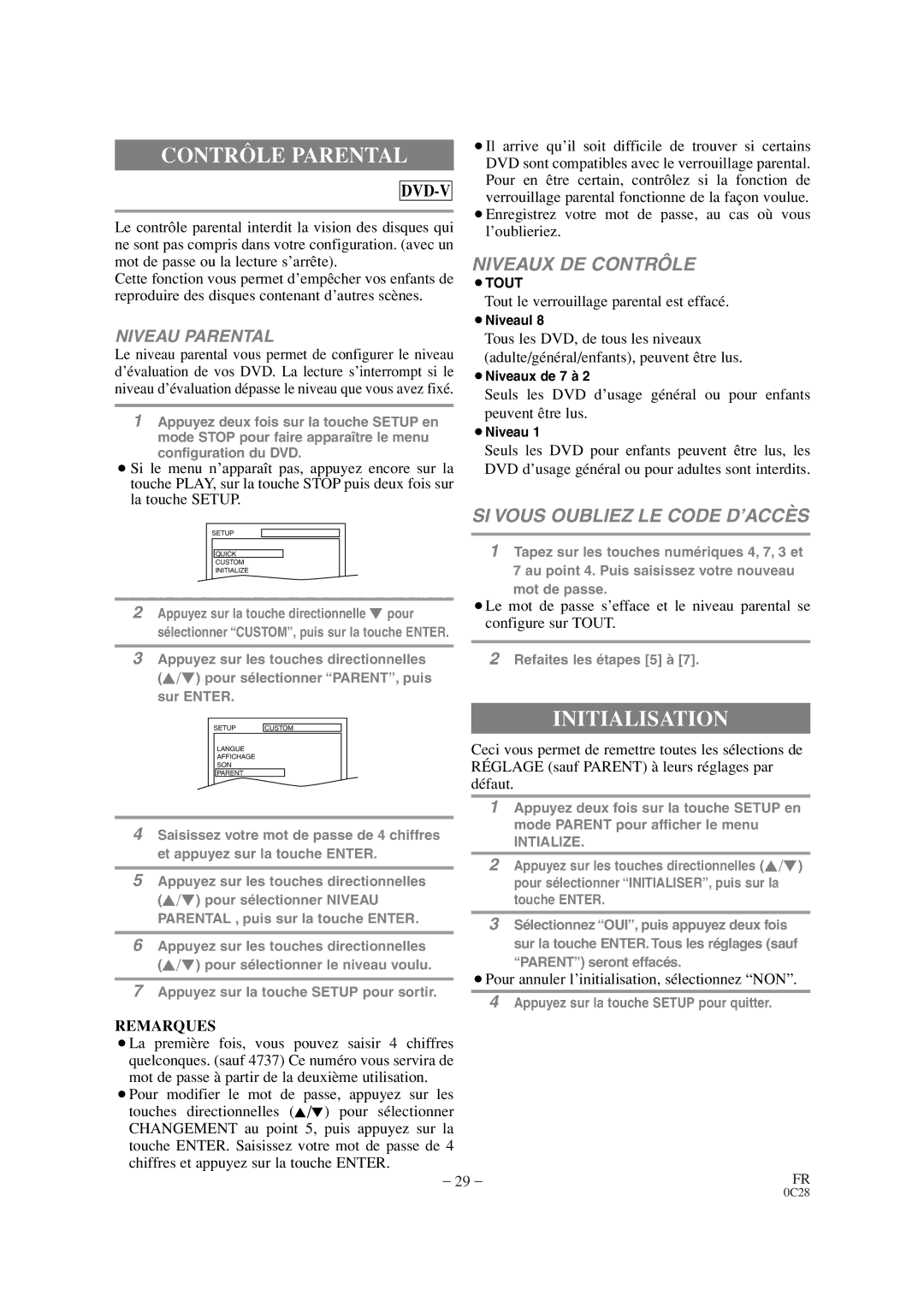 Symphonic CSC520DE owner manual Contrôle Parental, Initialisation, Tout le verrouillage parental est effacé 