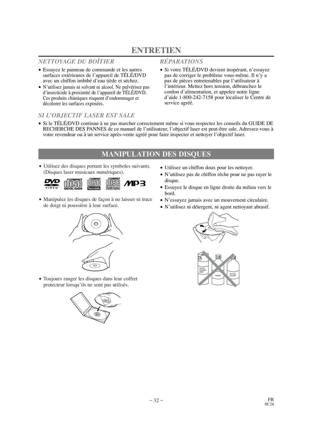 Symphonic CSC520DE Entretien, Manipulation DES Disques, Nettoyage DU Boîtier, Réparations, SI L’OBJECTIF Laser EST Sale 