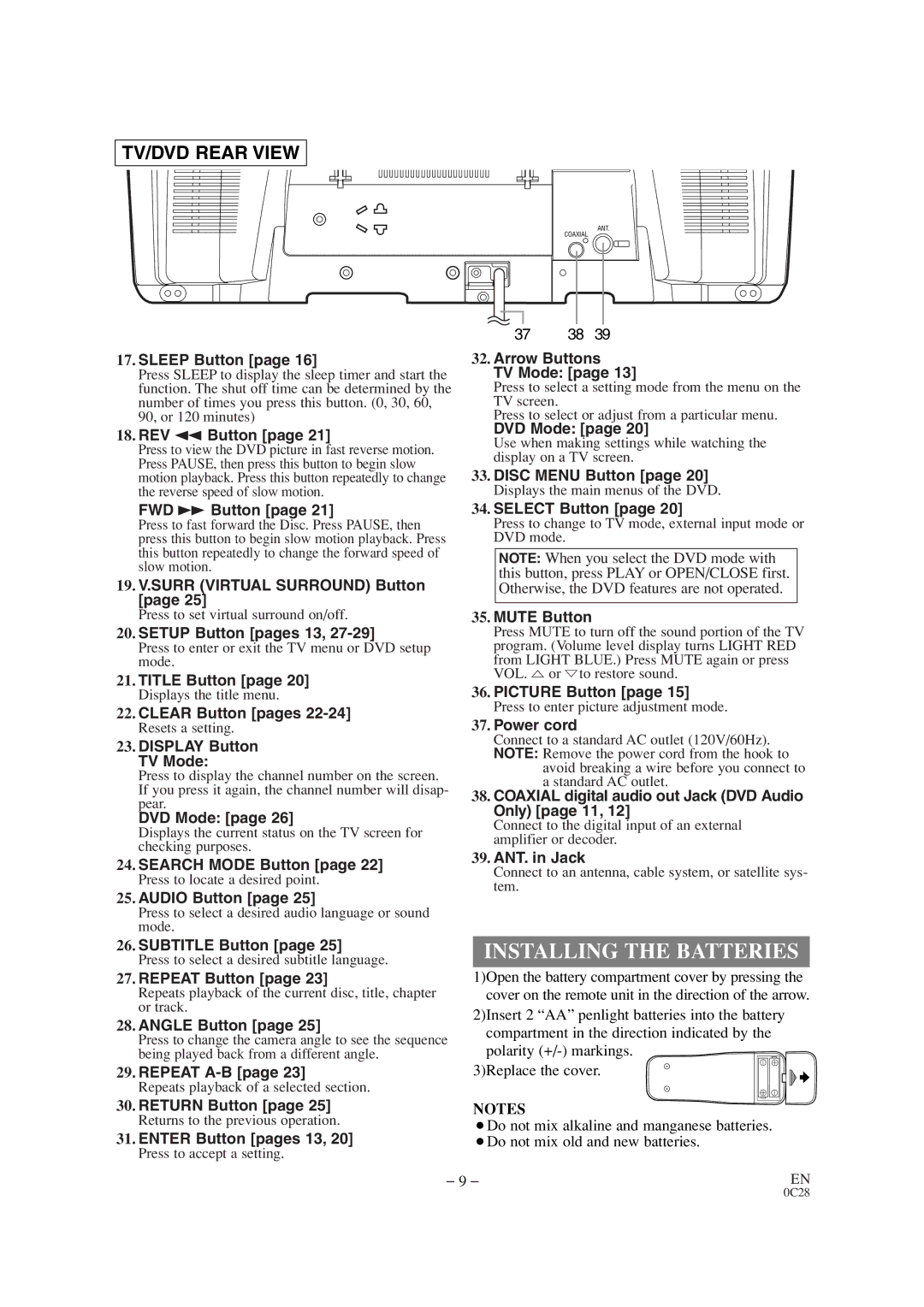 Symphonic CSC520DE owner manual Installing the Batteries 