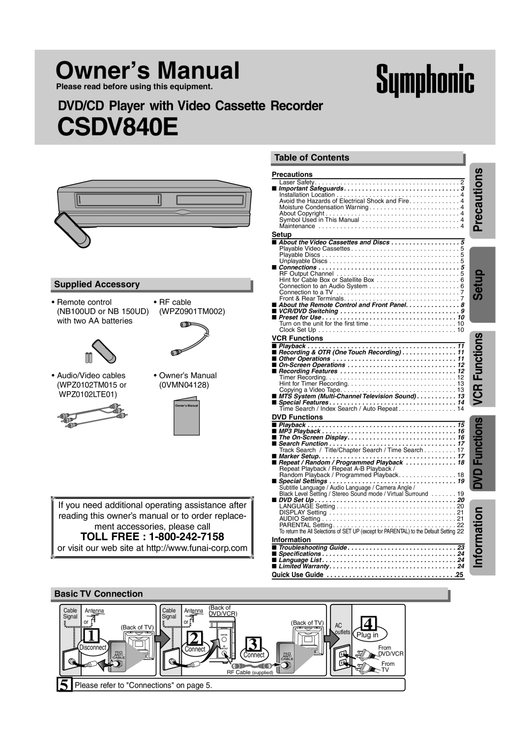 Symphonic CSDV840E owner manual Supplied Accessory, Table of Contents, Basic TV Connection 