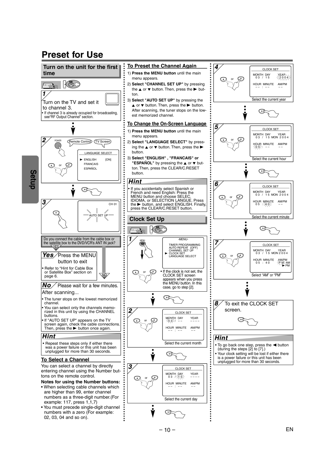 Symphonic CSDV840E owner manual Preset for Use, Turn on the unit for the first time, Clock Set Up 