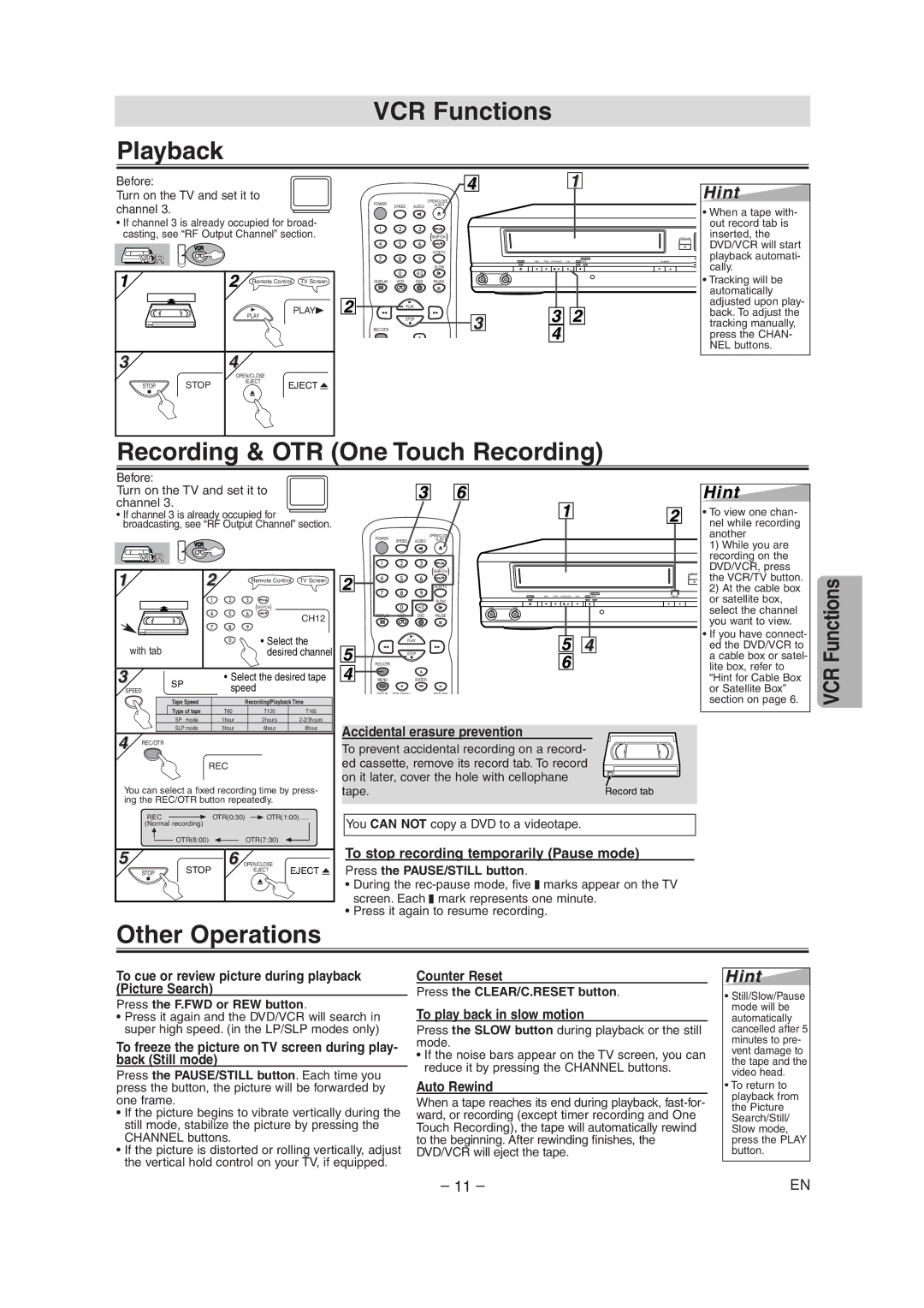 Symphonic CSDV840E owner manual VCR Functions Playback, Recording & OTR One Touch Recording, Other Operations 