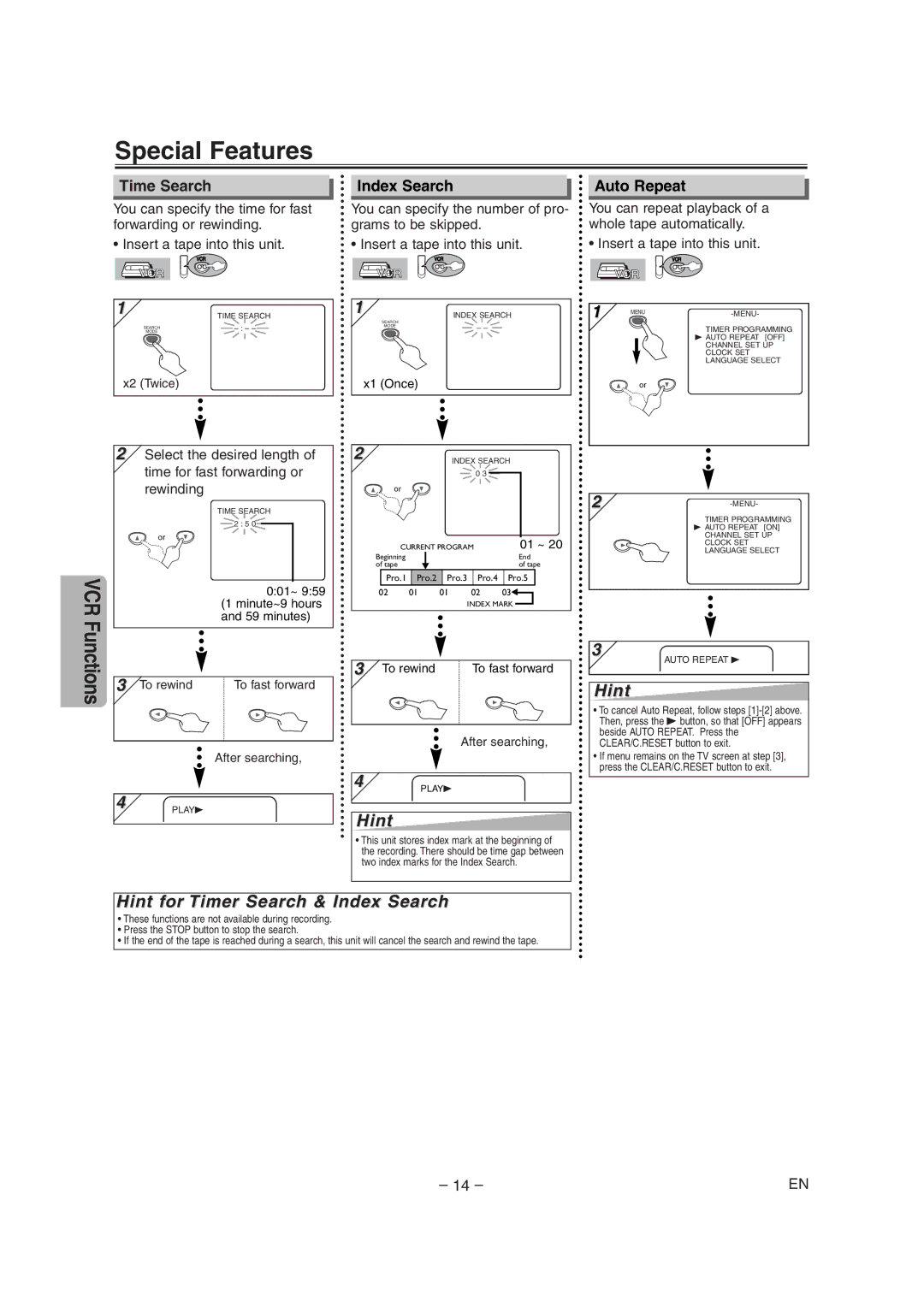 Symphonic CSDV840E owner manual Special Features, Hint for Timer Search & Index Search, Time Search, Auto Repeat 