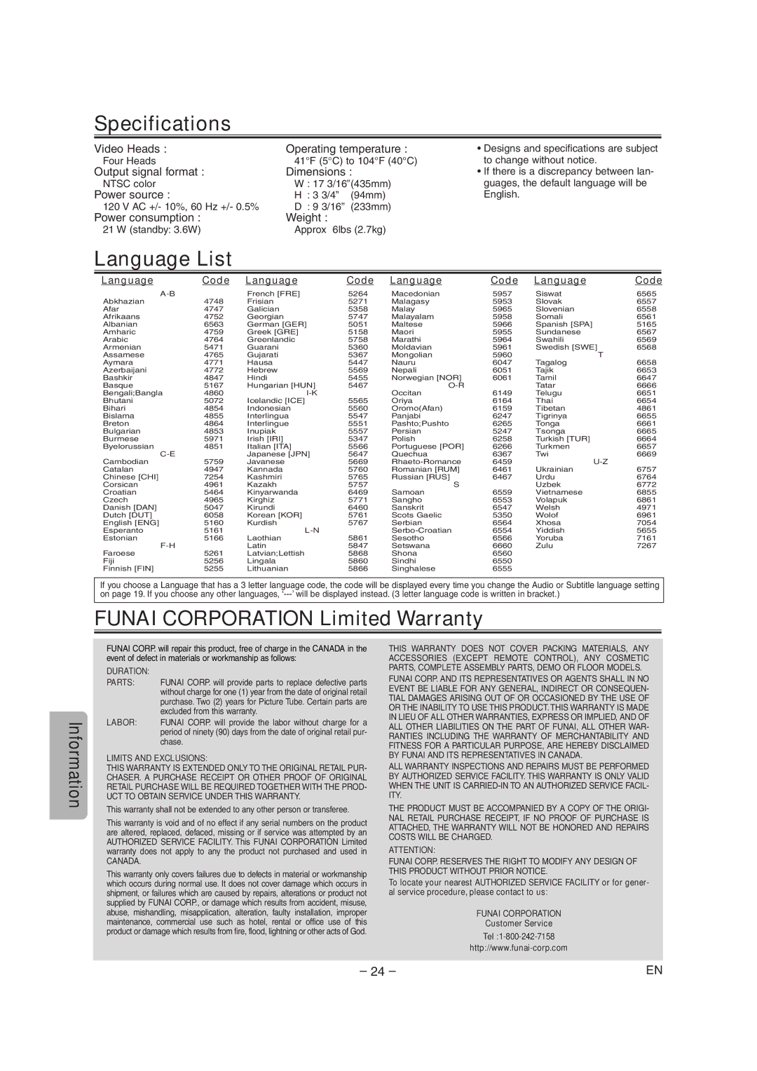 Symphonic CSDV840E owner manual Specifications, Language List, Funai Corporation Limited Warranty 