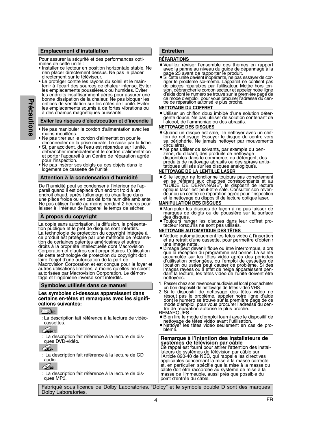 Symphonic CSDV840E Emplacement d’installation, Éviter les risques d’électrocution et d’incendie, Propos du copyright 