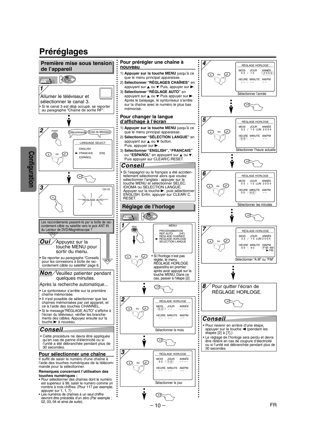 Symphonic CSDV840E owner manual Préréglages, Première mise sous tension de l’appareil, Réglage de l’horloge 