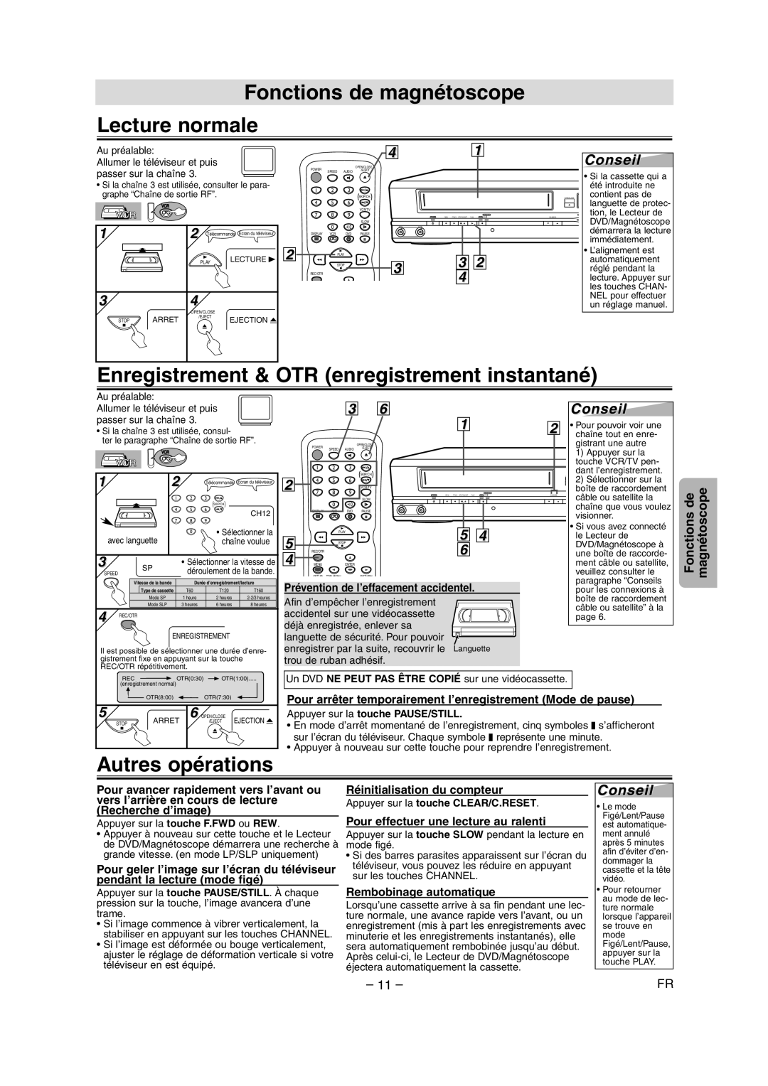 Symphonic CSDV840E owner manual Fonctions de magnétoscope Lecture normale, Enregistrement & OTR enregistrement instantané 