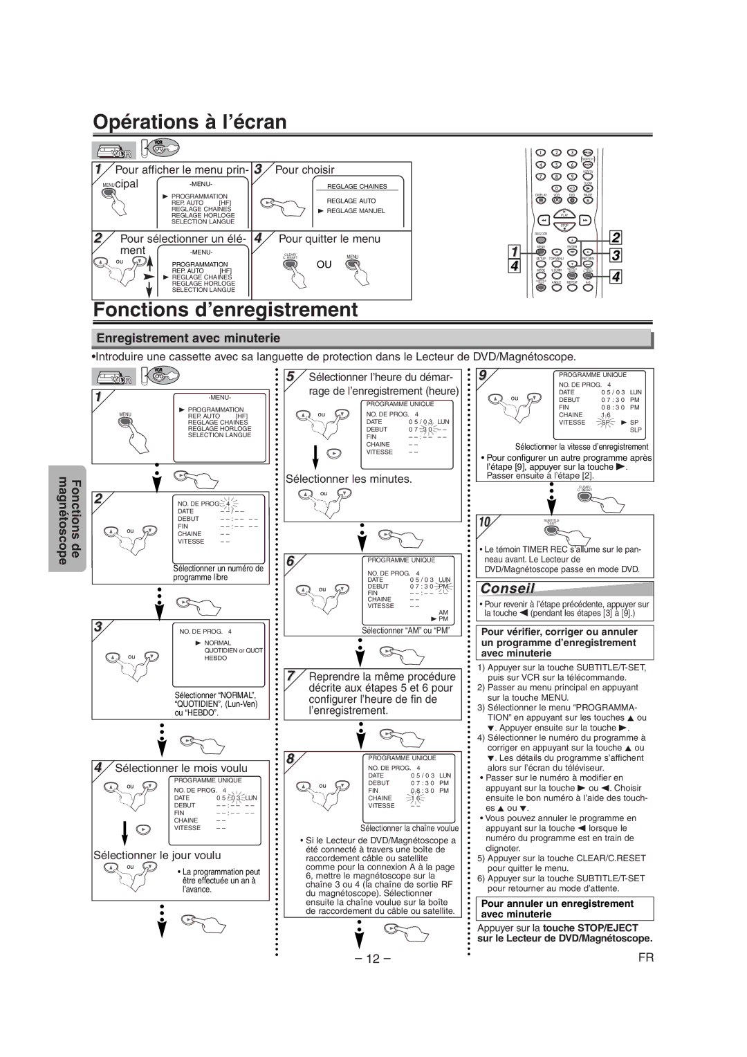 Symphonic CSDV840E owner manual Opérations à l’écran, Fonctions d’enregistrement, Enregistrement avec minuterie 