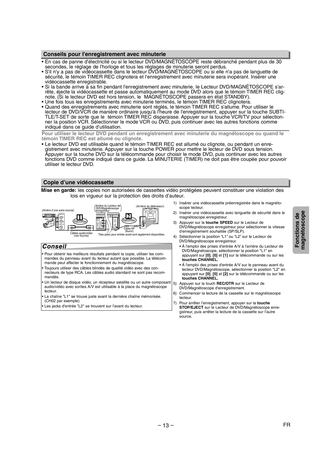 Symphonic CSDV840E Conseils pour lenregistrement avec minuterie, Copie d’une vidéocassette, Fonctions de Magnétoscope 