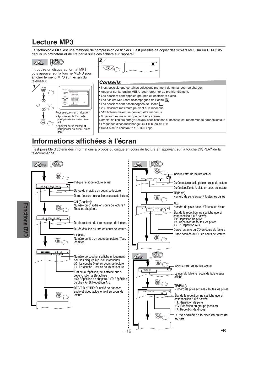 Symphonic CSDV840E owner manual Lecture MP3, Informations affichées à l’écran, Conseils 