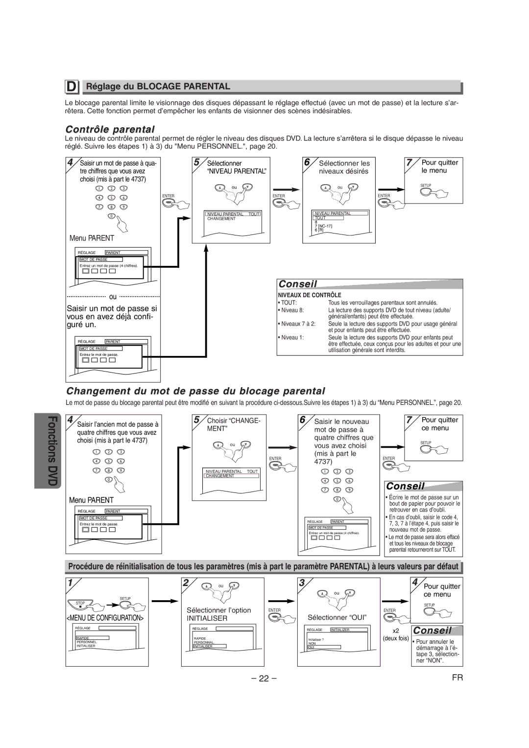 Symphonic CSDV840E Contrôle parental, Changement du mot de passe du blocage parental, Réglage du Blocage Parental 