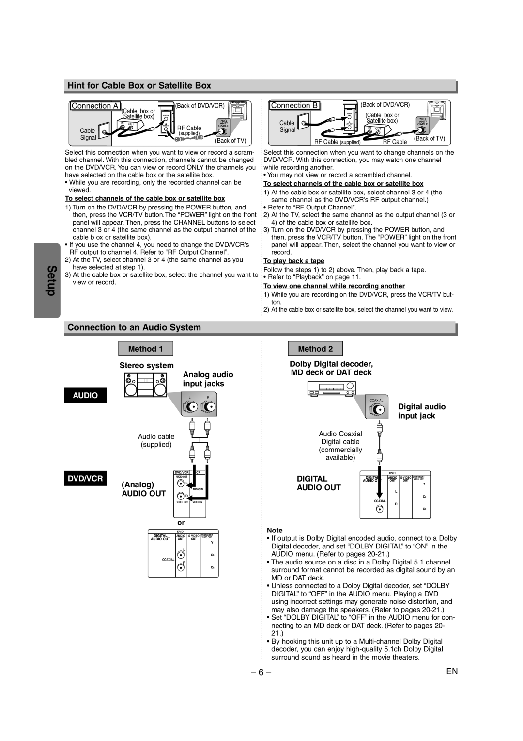 Symphonic CSDV840E Hint for Cable Box or Satellite Box, Connection to an Audio System, Digital audio input jack, Analog 