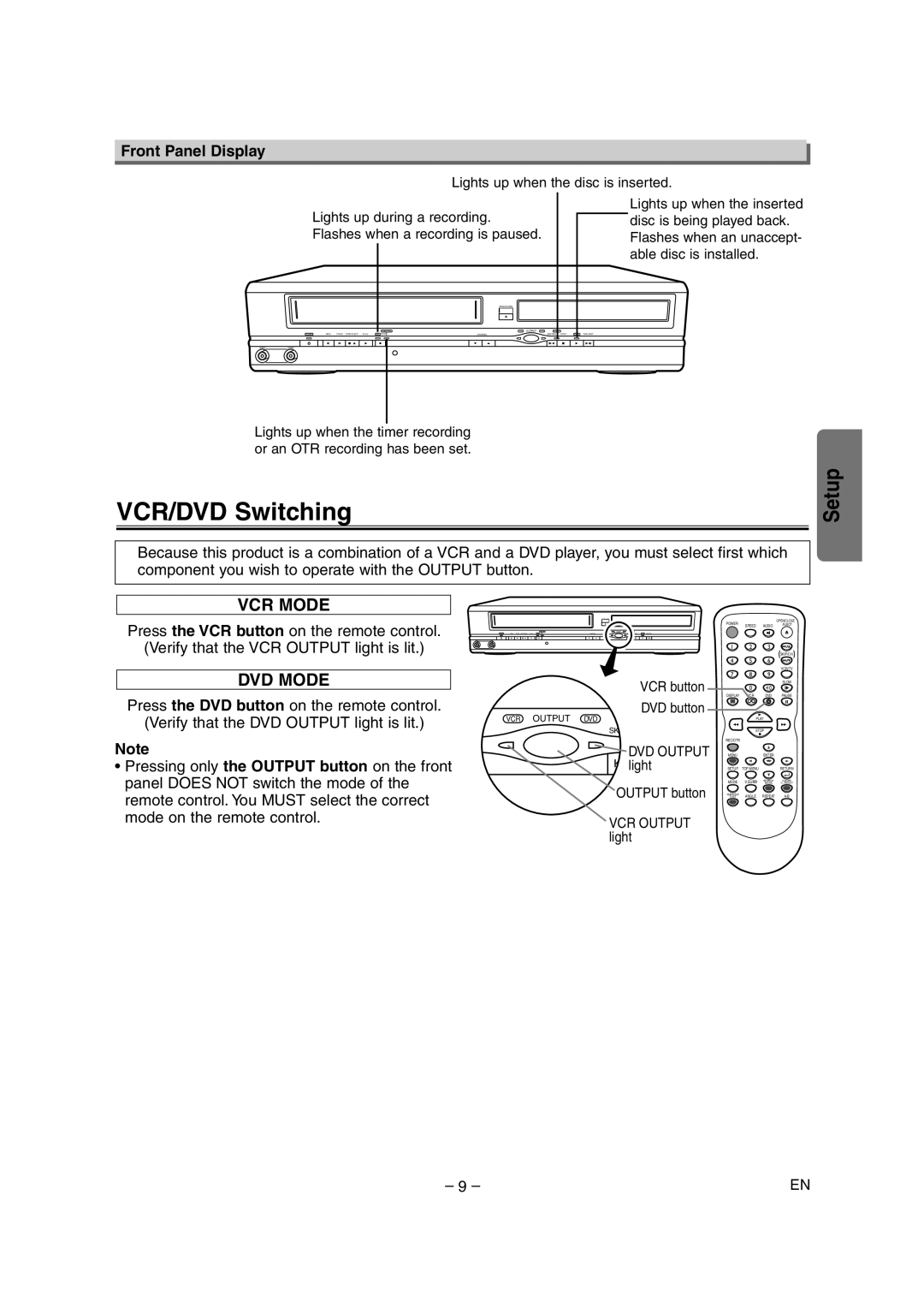 Symphonic CSDV840E owner manual VCR/DVD Switching, Front Panel Display 