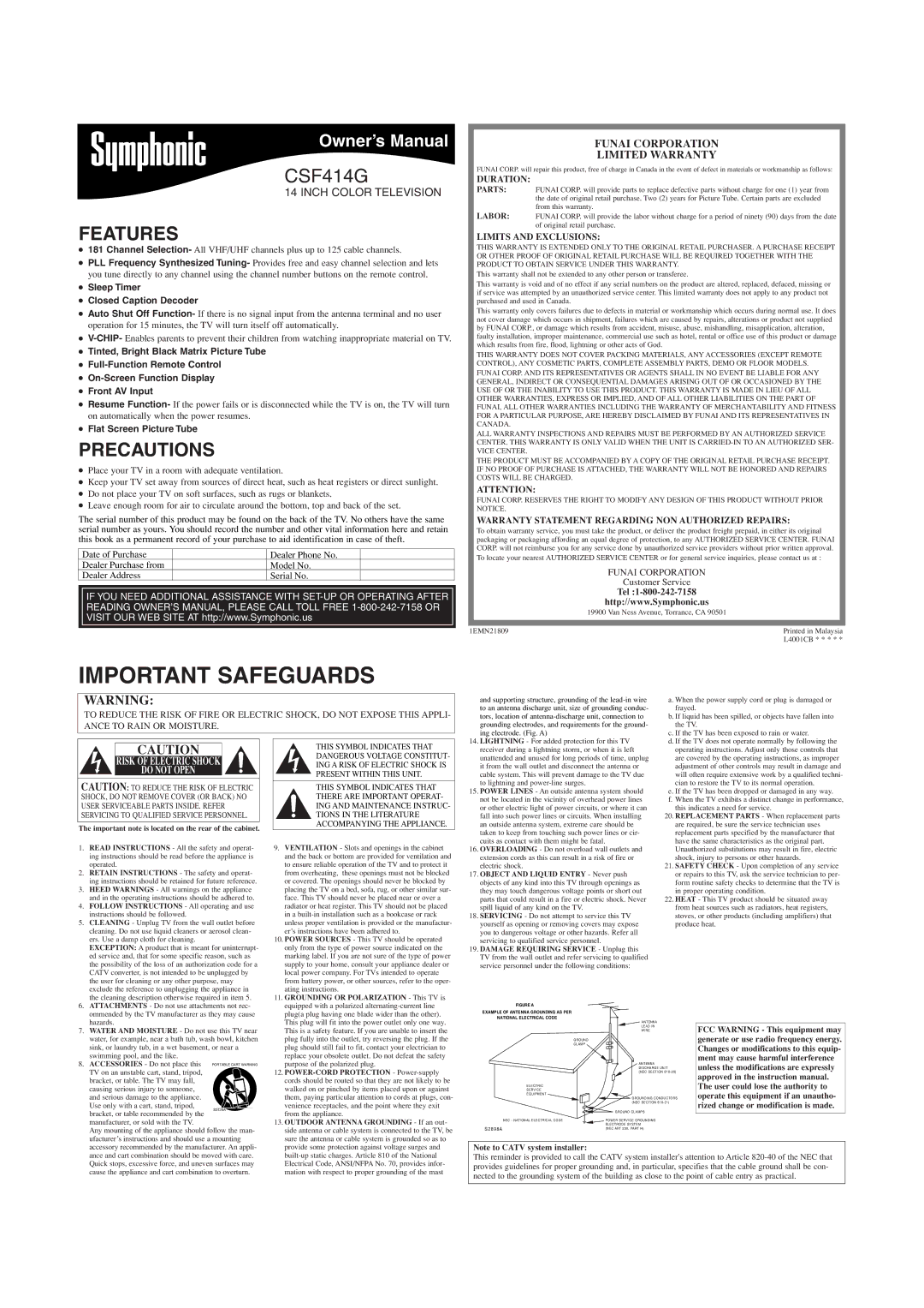 Symphonic CSF414G owner manual Important Safeguards, Features, Precautions, Funai Corporation Limited Warranty 