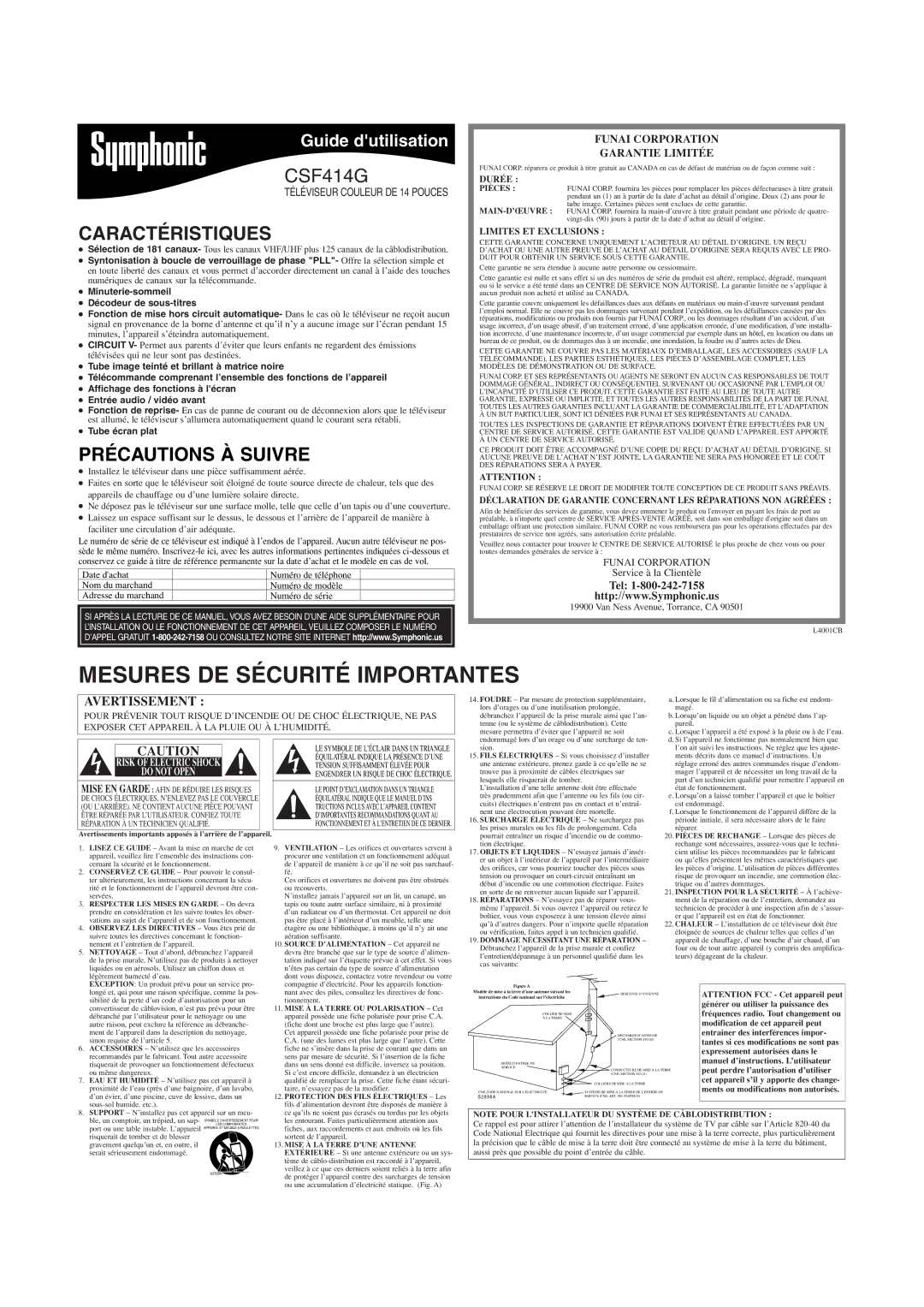 Symphonic CSF414G owner manual Mesures DE Sécurité Importantes, Caractéristiques, Précautions À Suivre, Tube écran plat 