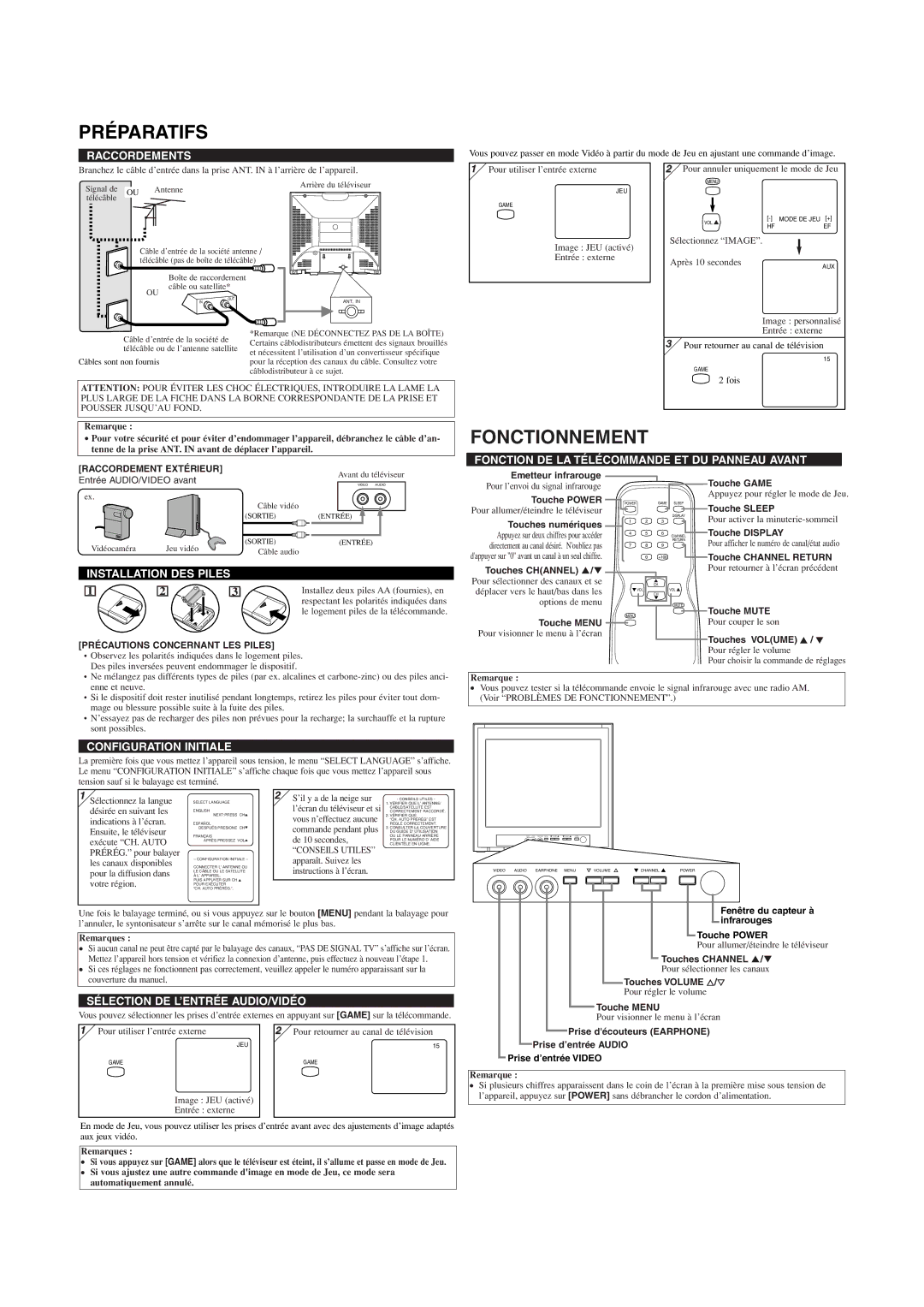 Symphonic CSF414G owner manual Préparatifs, Fonctionnement 