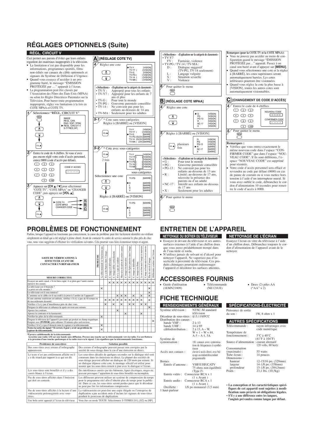 Symphonic CSF414G Réglages Optionnels Suite, Problèmes DE Fonctionnement, Entretien DE L’APPAREIL, Accessoires Fournis 