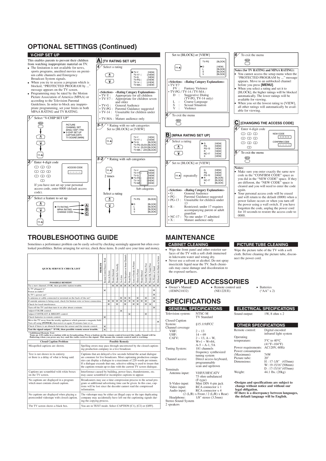 Symphonic CSF420G owner manual Optional Settings, Troubleshooting Guide, Maintenance, Specifications 