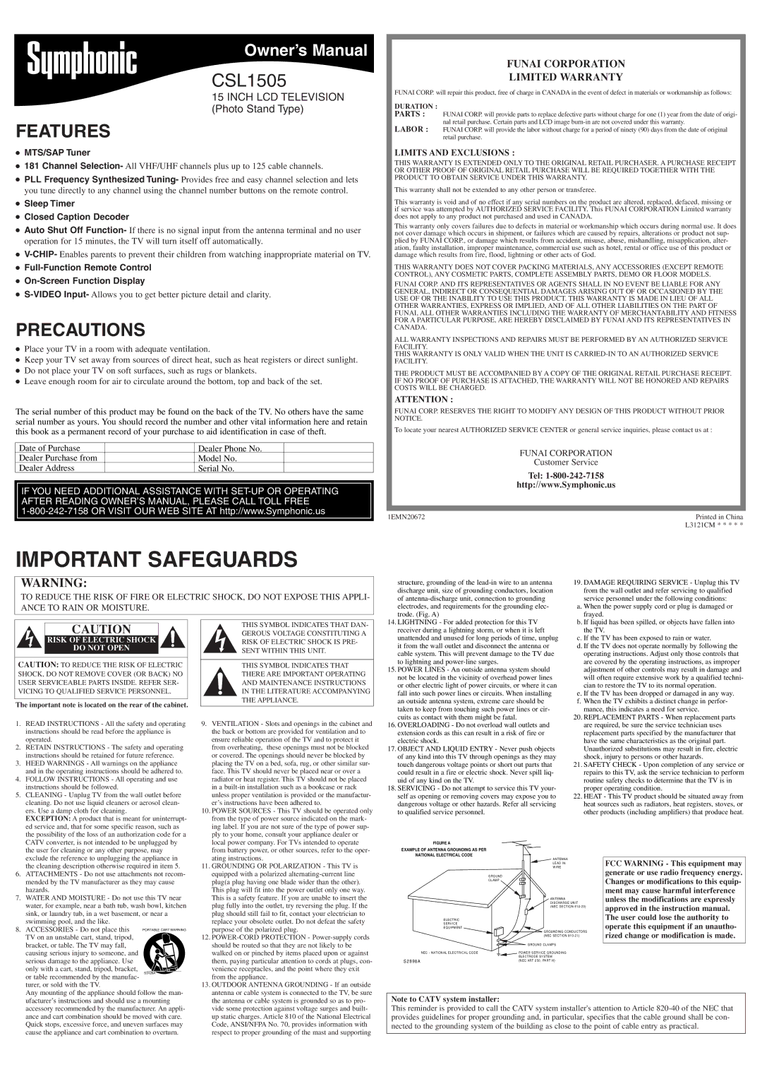 Symphonic CSL1505 owner manual Features, Precautions, Customer Service 