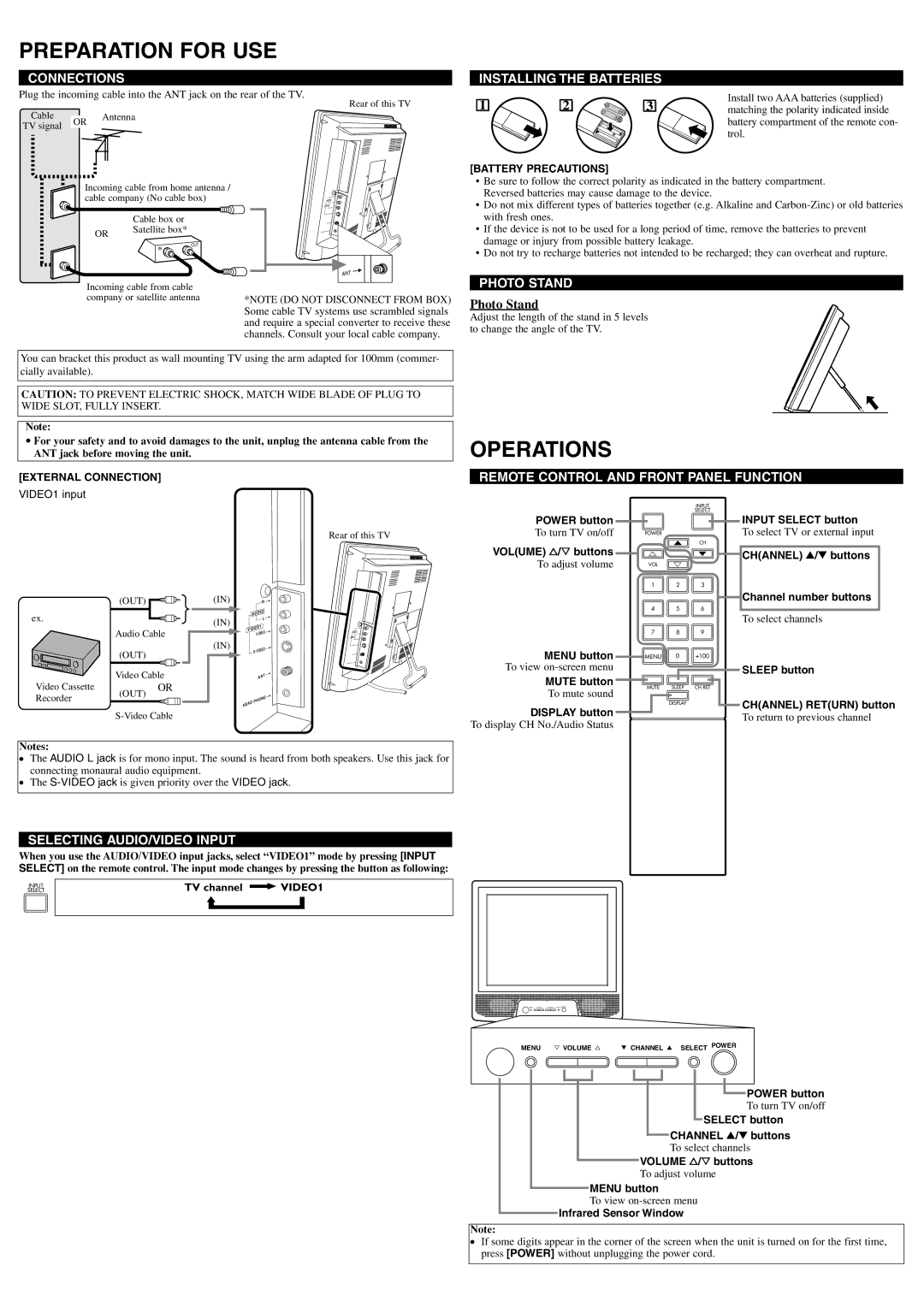 Symphonic CSL1505 owner manual Preparation for USE, Operations 