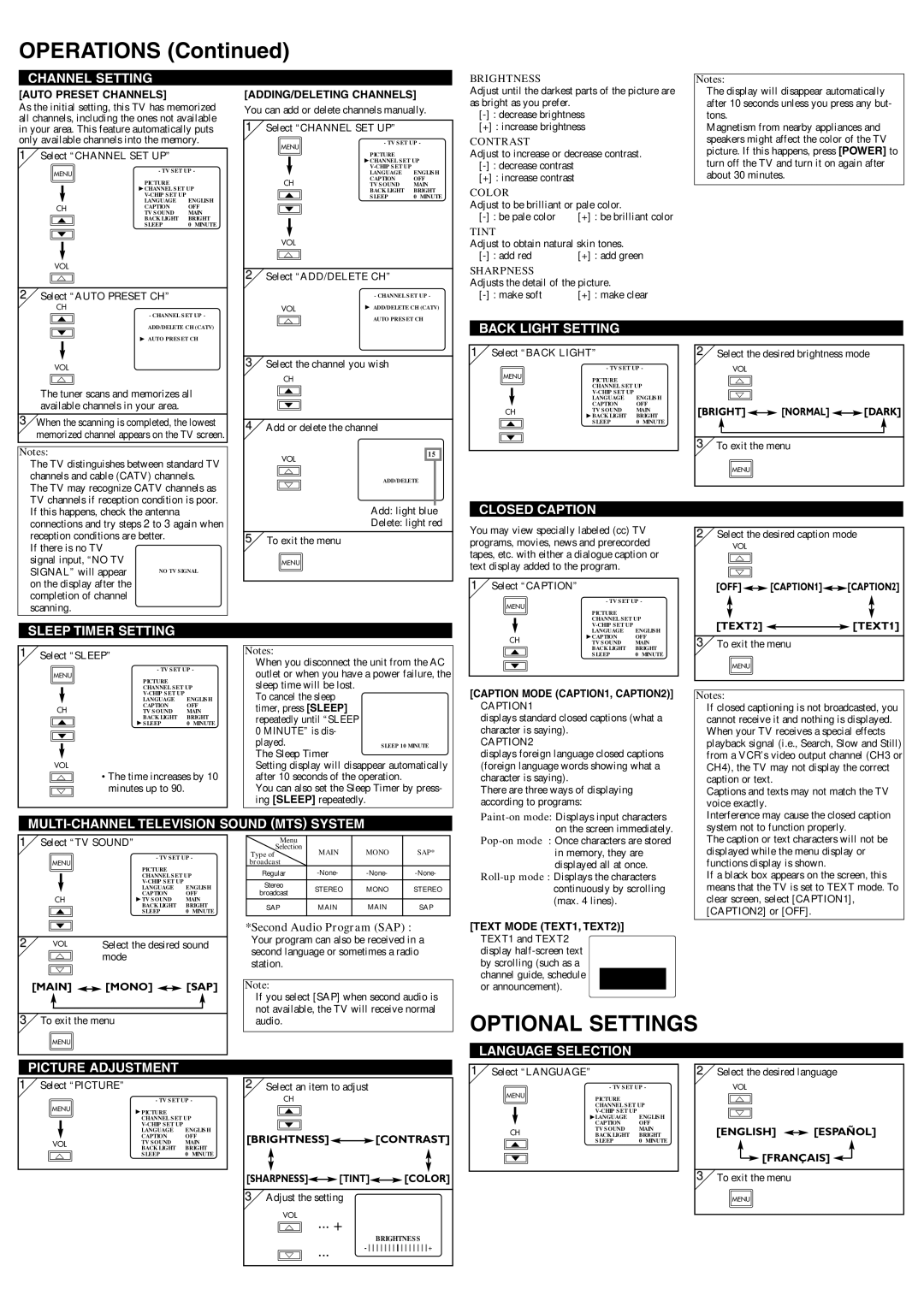 Symphonic CSL1505 owner manual Channel Setting, Back Light Setting, Sleep Timer Setting, Picture Adjustment 