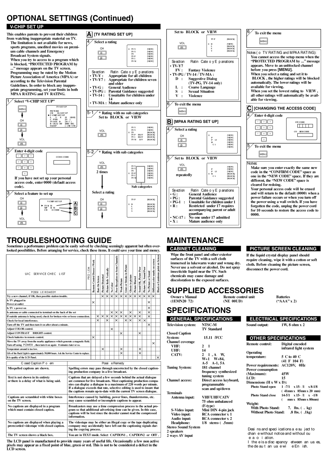 Symphonic CSL1505 owner manual Troubleshooting Guide, Maintenance, Specifications 