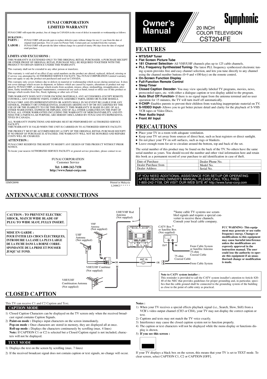 Symphonic CST204FE owner manual Features, Precautions, ANTENNA/CABLE Connections, Closed Caption 