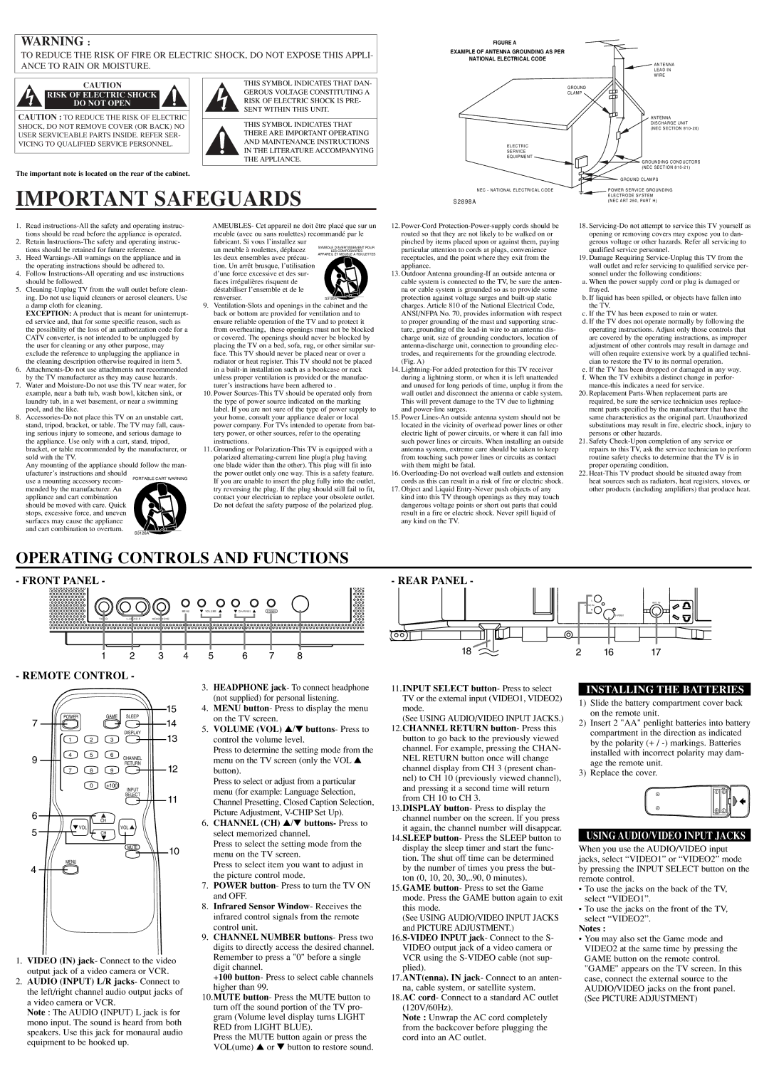 Symphonic CST204FE owner manual Important Safeguards, Remote Control Rear Panel, Installing the Batteries 