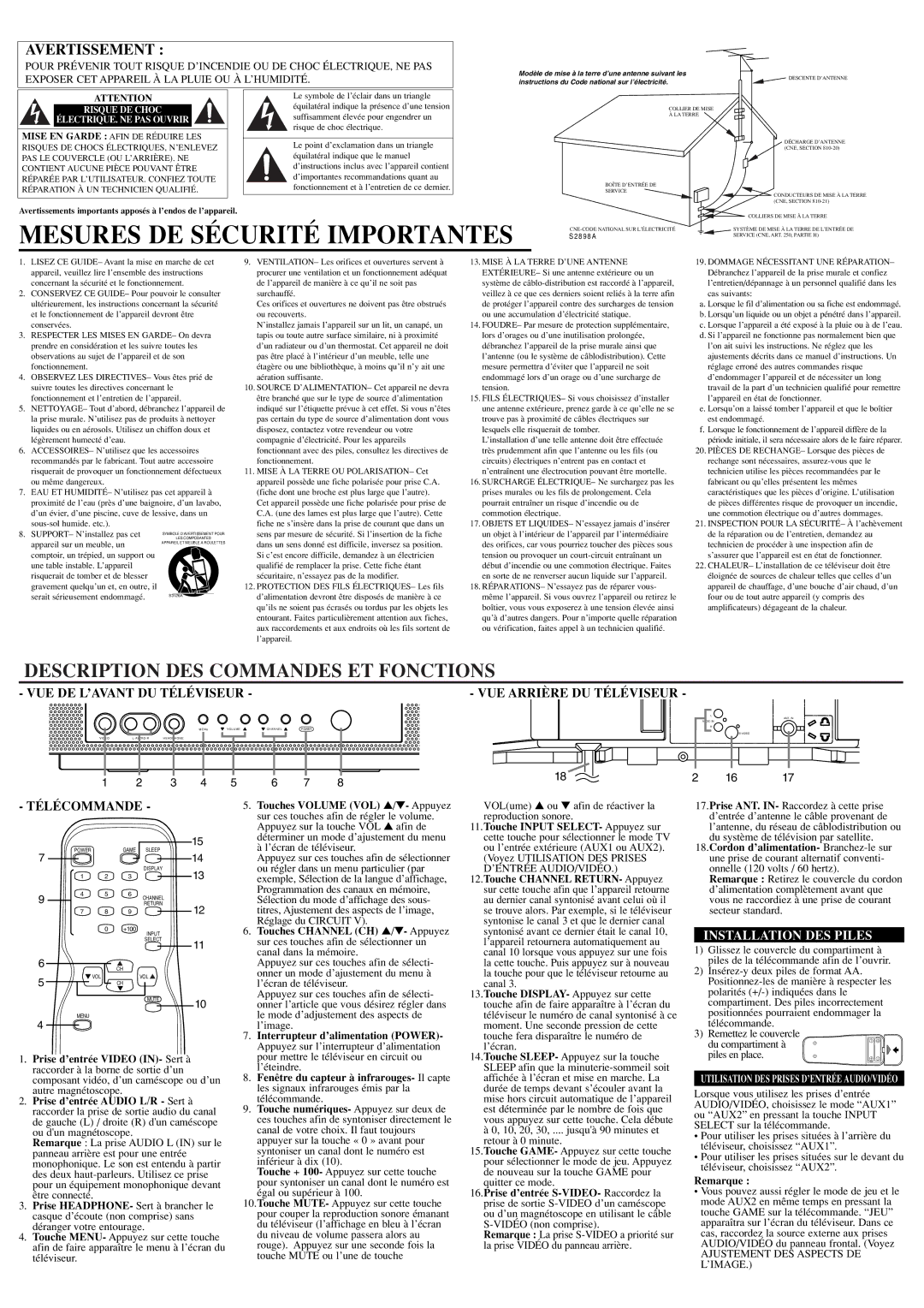 Symphonic CST204FE Mesures DE Sécurité Importantes, Description DES Commandes ET Fonctions, Installation DES Piles 