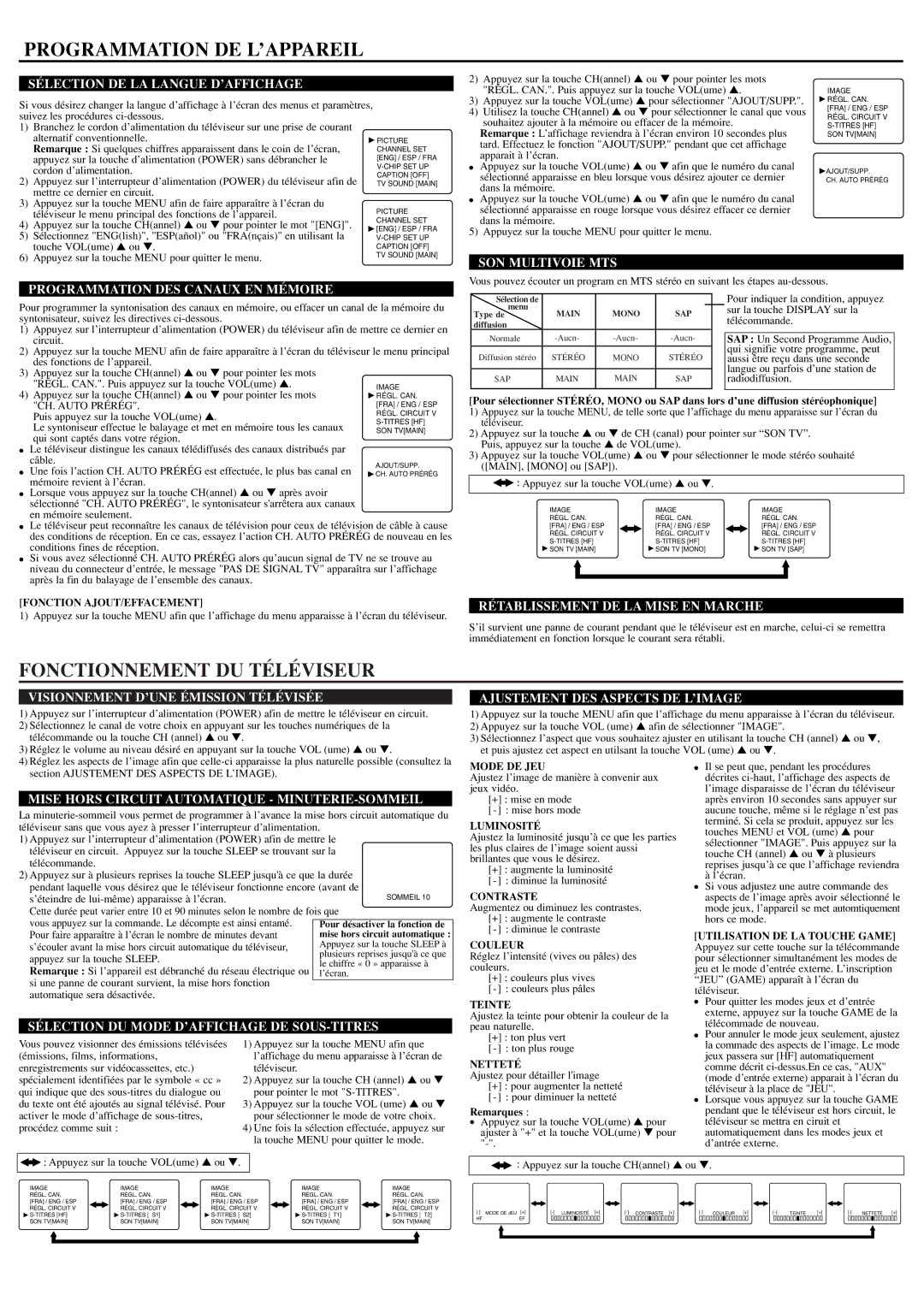 Symphonic CST204FE owner manual Programmation DE L’APPAREIL, Fonctionnement DU Téléviseur 