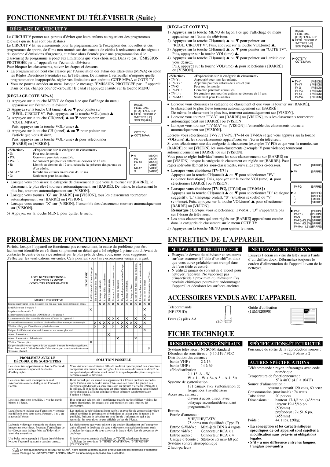 Symphonic CST204FE owner manual Fonctionnement DU Téléviseur Suite, Problèmes DE Fonctionnement, Entretien DE L’APPAREIL 