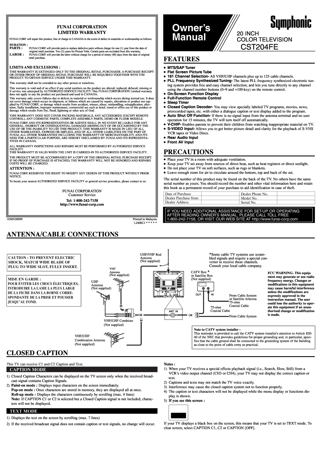 Symphonic CST204FE owner manual Features, Precautions, Antenna/Cable Connections, Closed Caption, Caption Mode, Text Mode 