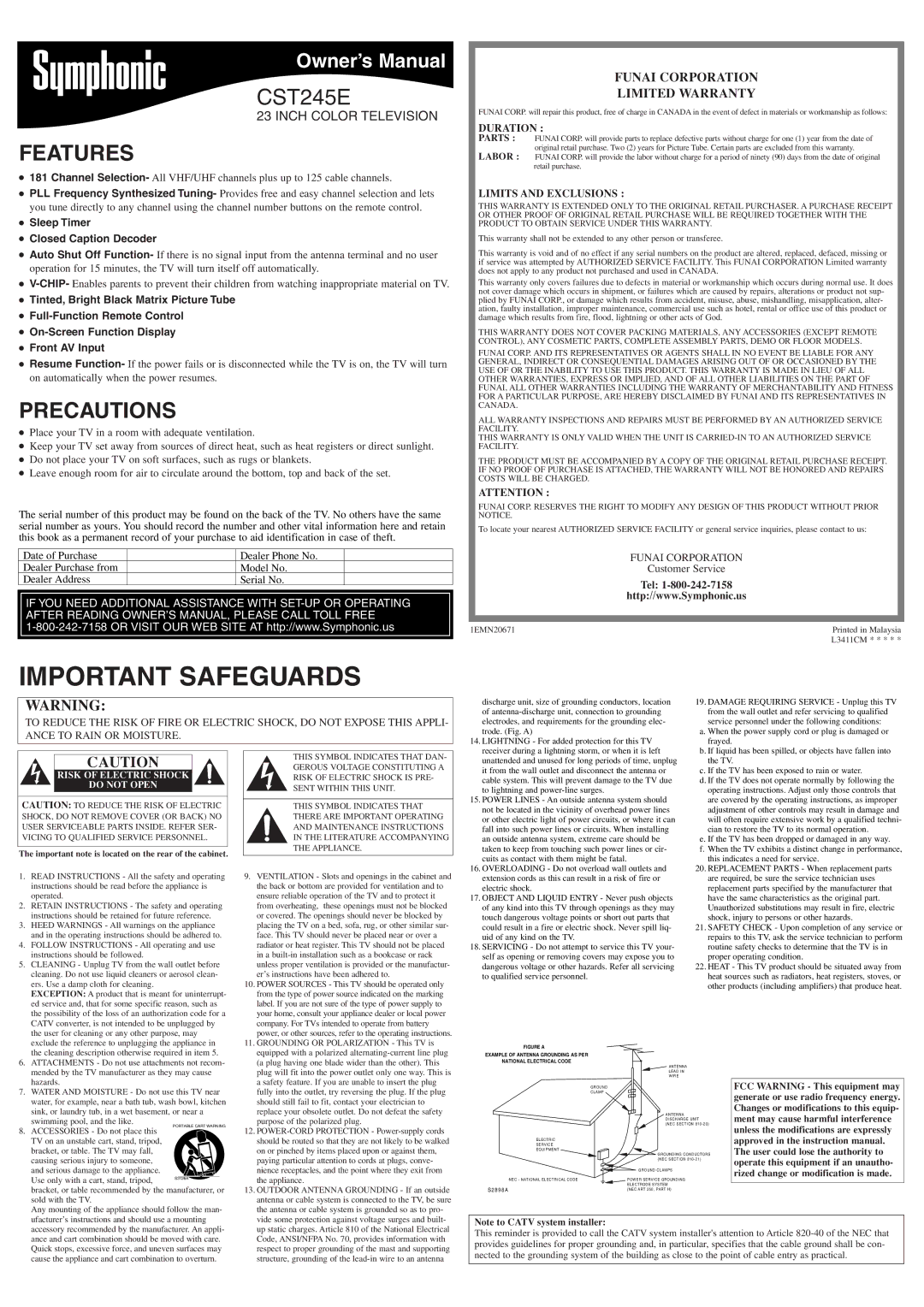 Symphonic CST245E owner manual Important Safeguards, Features, Precautions, Funai Corporation Limited Warranty 