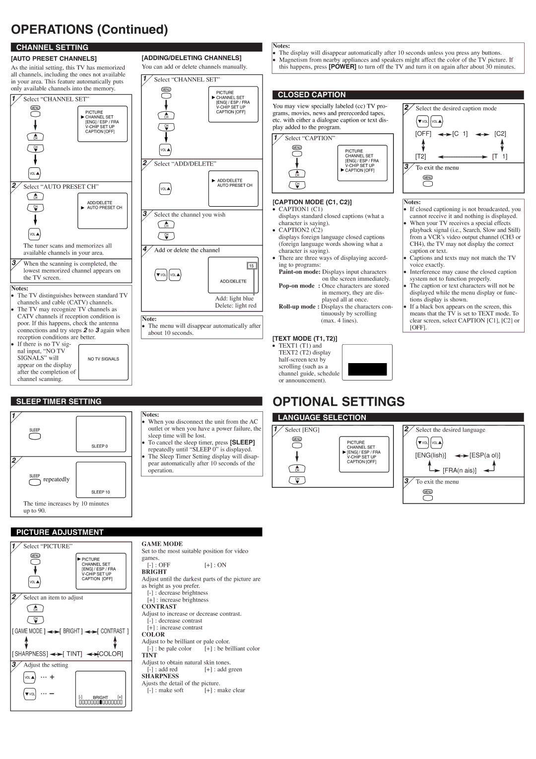 Symphonic CST245E owner manual Operations, Optional Settings 