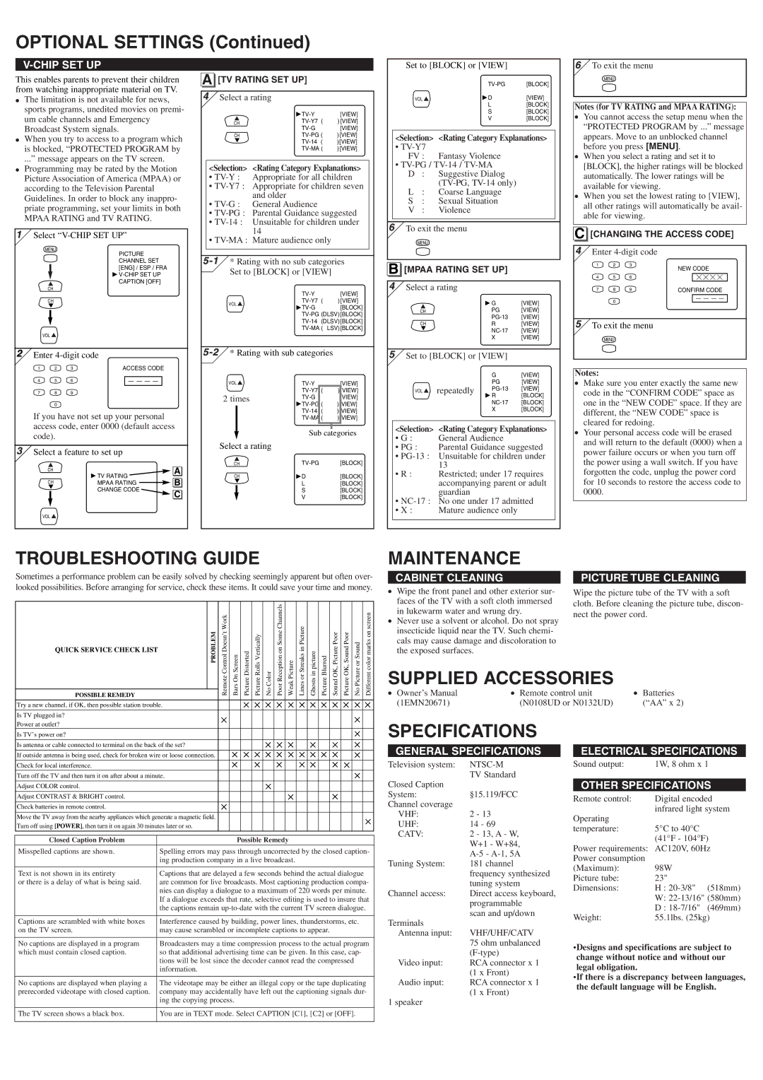 Symphonic CST245E owner manual Optional Settings, Troubleshooting Guide, Maintenance, Specifications 