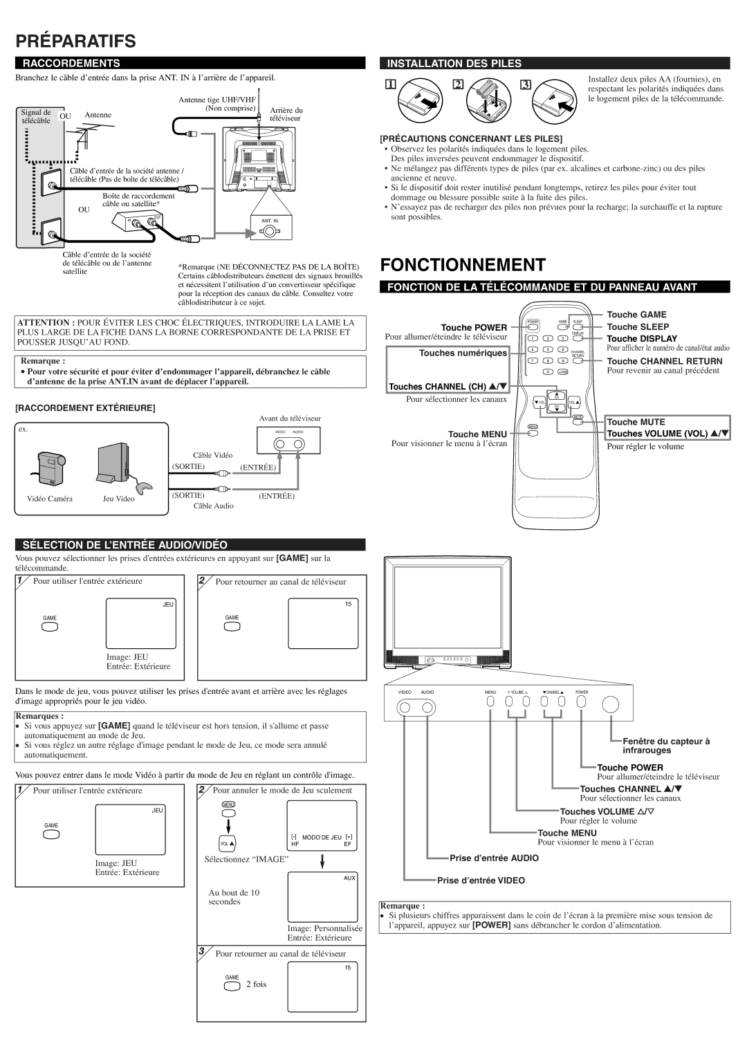 Symphonic CST245E owner manual Préparatifs, Fonctionnement 