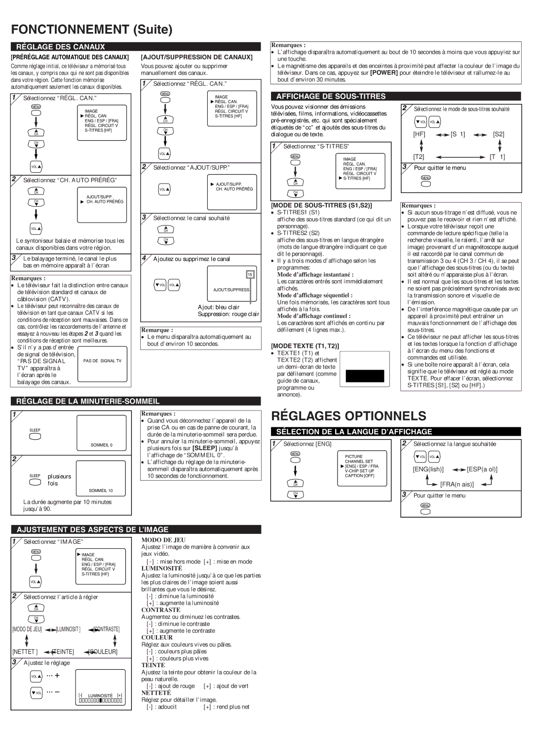 Symphonic CST245E owner manual Fonctionnement Suite, Réglages Optionnels 